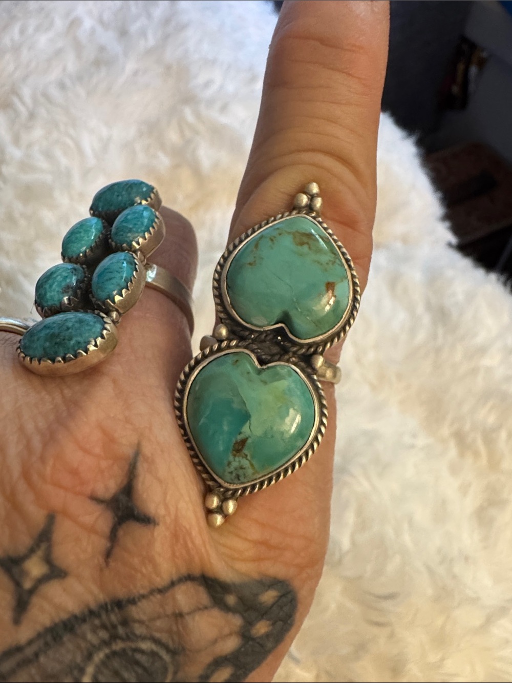 Double Heart Turquoise Ring in Silver-Tone Band - Women Jewelry
